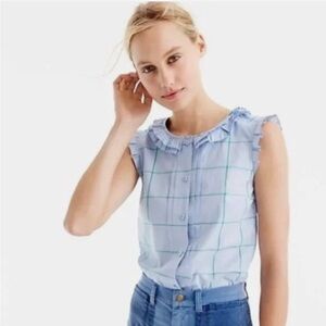 J. Crew Light Blue Checkered Sleeveless Blouse